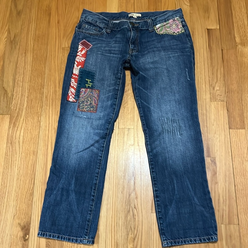 CAbi | Patchwork Boyfriend crop denim jeans Women’s size 6 embroidered loose